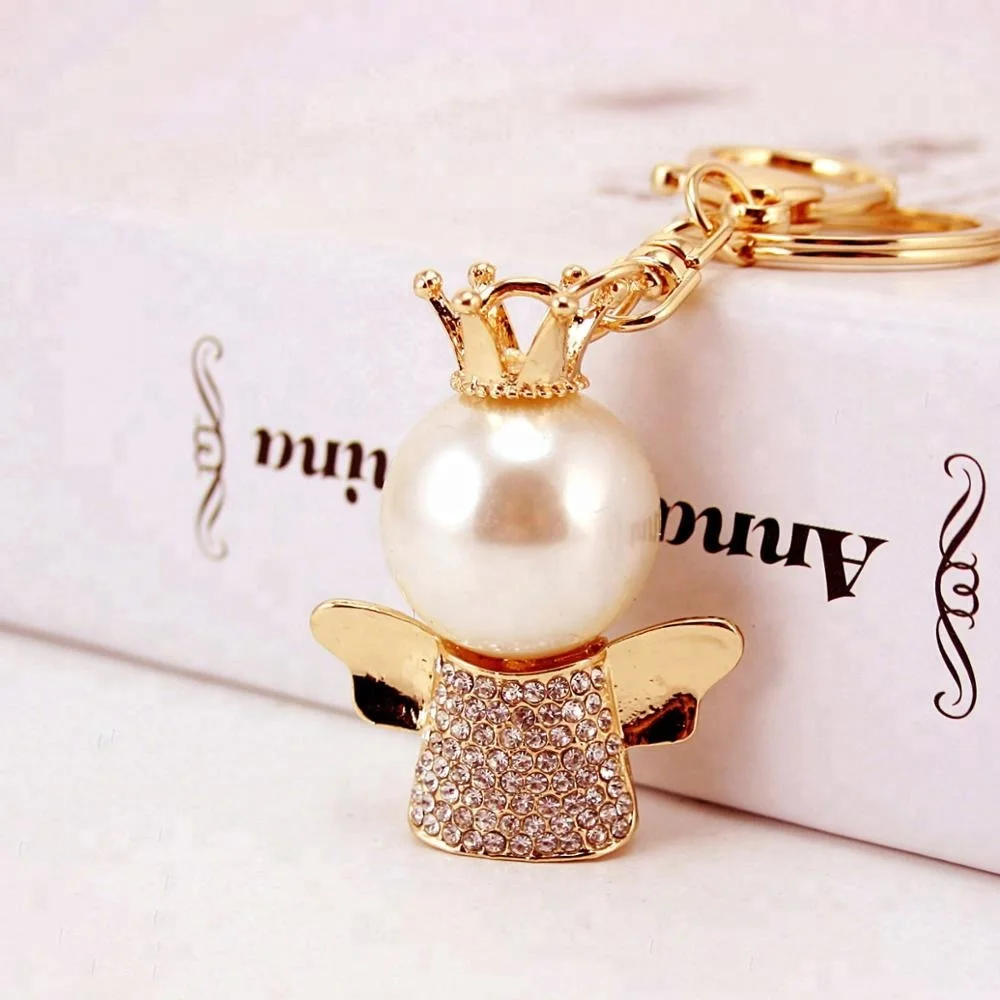 
 Cute Creative Bag Keyring Crystal Rhinestone Crown Angel Keychain Holder For Women Purse Car Charm Novelty Pendant Key Chain  
