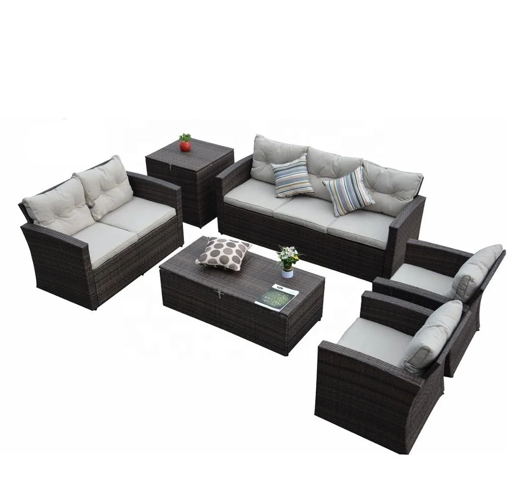 Hot Sale Top Quality Steel Rattan Sofa Set Functional Cushion Box All Weather Outdoor Garden Wicker Furniture