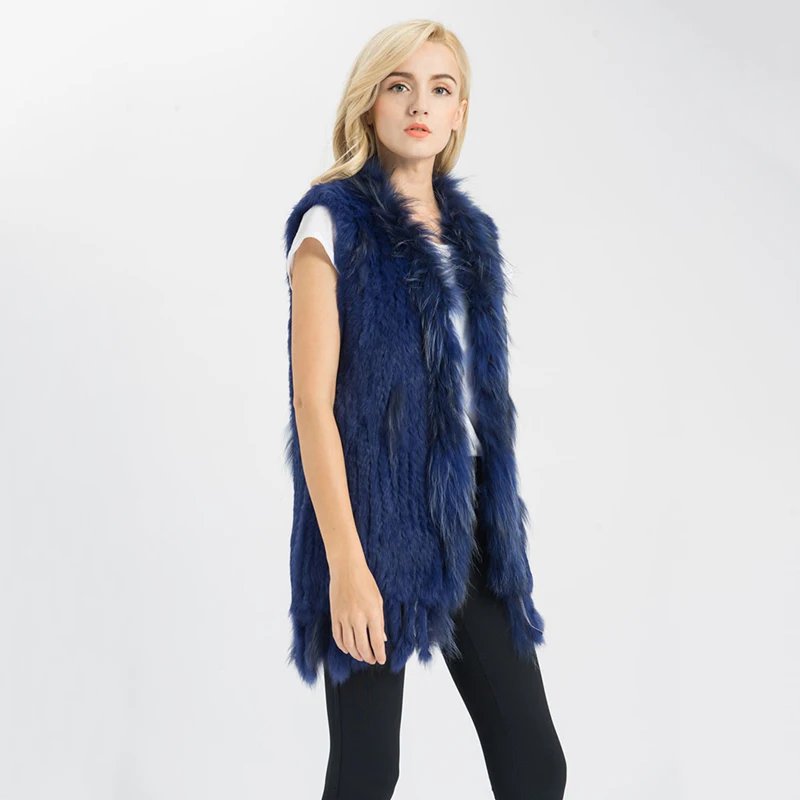 Latest Style Warm Women Knitted Real Rabbit Fur Vest With Raccoon Fur  Collar Natural Fur Waistcoat Gilet