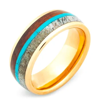 18K Gold Plated Deer Antler Koa Wood Turquoise Inlay Tungsten Carbide Rings for Men