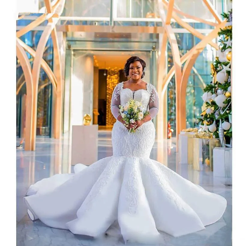 Gorgeous Long Sleeve Sequin Lace Mermaid Wedding Dress Custom