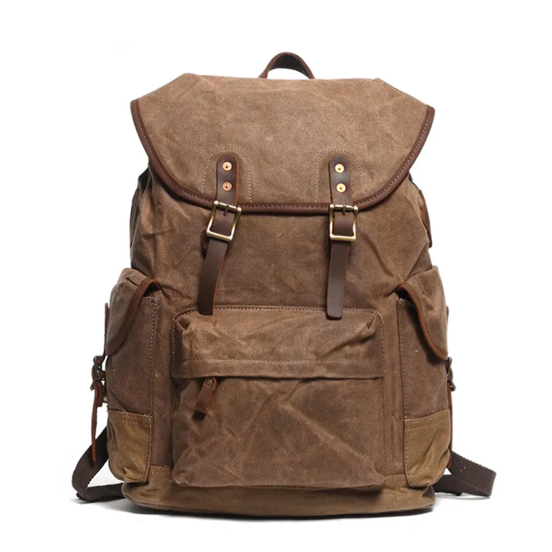 Vintage Waxed Canvas With LeatherTrim Laptop Rucksack Outdoor Adventure Backpack