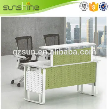 precio de fábrica oficina recepción mostrador mesa blanca amortiguadores de diseño verde con marco de hierro moderno