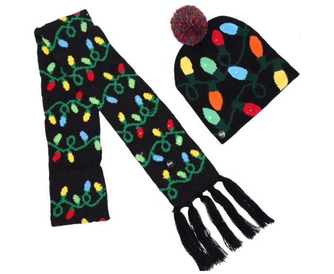 Детская Рождественская жаккардовая вязаная шапочка и шарф со светодиодными лампами