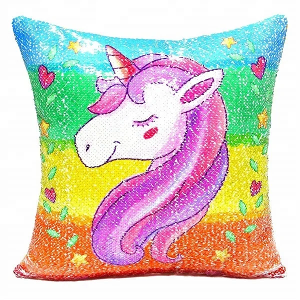 Hot Unicorn Rainbow Mermaid Sequin Pillow Cover Cushion Case Magic Kids Girls 