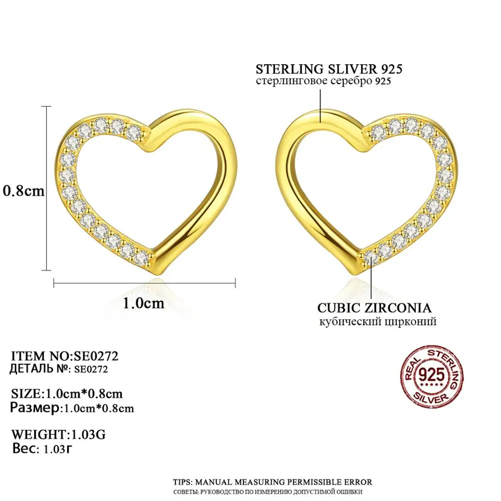 CZCITY Fashionable 925 Sterling Silver Small CZ Paved Heart Love Cz Stud Earrings for Women