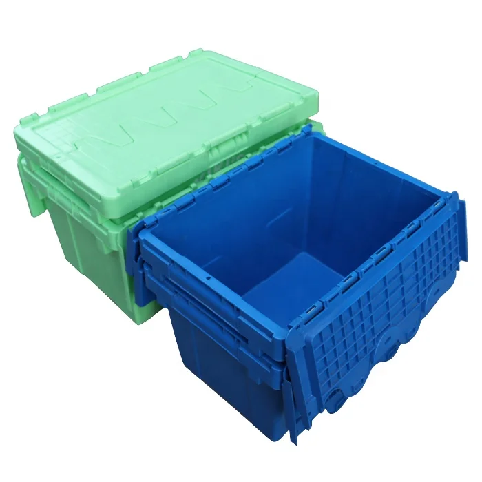 QS 60L Plastic Moving Crate Nested Stack Box Turnover Tote Bin Plastic Tote Boxes with Hinged Lid Plastic Crate Manufacturer