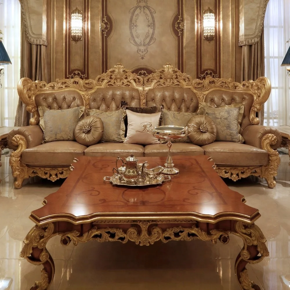 European Classic Style Royal Furniture Gold Color Carved Wood And Genuine Leather Sofa Set With Button