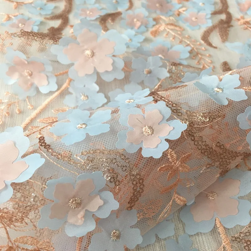 latest 3d flower tulle fabric french lace tulle sequin embroidered lace dress fabric embroidery