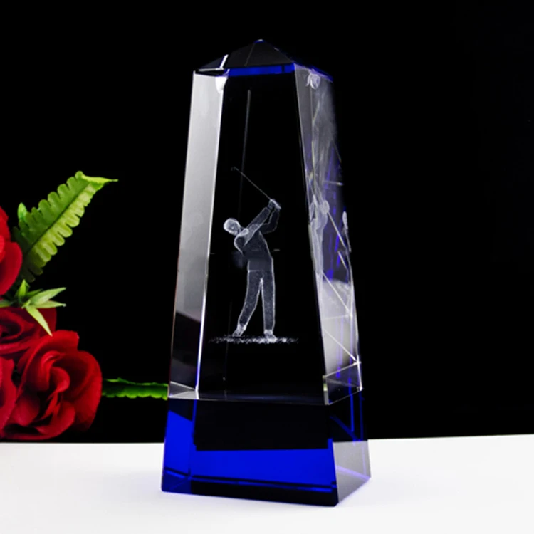 Groothandel kristal golf trofee met 3D laser gravering speler voor sport games geschenken