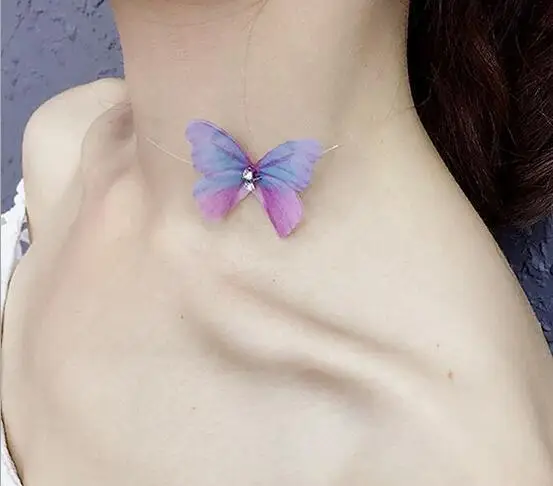 90160-2 Korean Style New Temperament Transparent Fishing Chain Invisible Tulle Perspective Butterfly Double Necklace Pendant Clavicle Choker Collar Colonies 