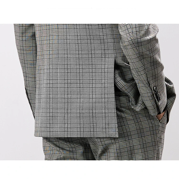 Fashion New Style Tweed Smooth Double Breasted Grey Plaid Feel Formal Business Men Suit