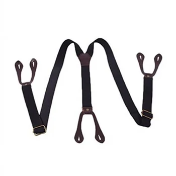 Mens Button Hole elastic Suspenders Wide Leather Braces Black Navy MY196