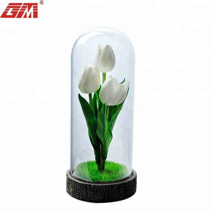 Decorative preserved tulip in glass dome with led light details