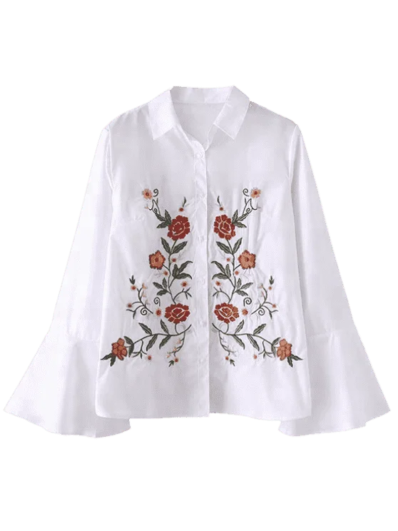 Lady Button Down Flared Cuffs Details Long Sleeve  Women Flower Embroidered Shirt Custom Designs