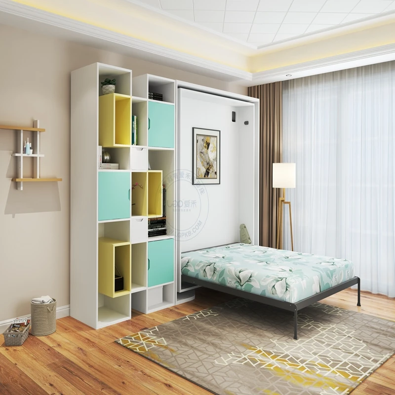 Hidden Wall Bed Folding Rotating Bed Bookshelf Murphy Bed With Wardrobe With Bookshelf