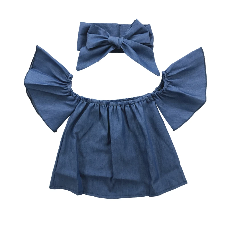 
 Летняя джинсовая рубашка с открытыми плечами для маленьких девочек, комплект детской одежды  