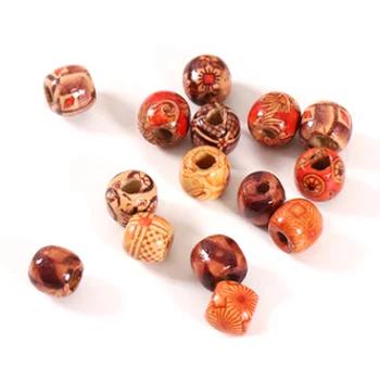 DIY Jewelry Accessories Fashion Printed Flower Large Hole Wood Beads Handmade Wooden Beads