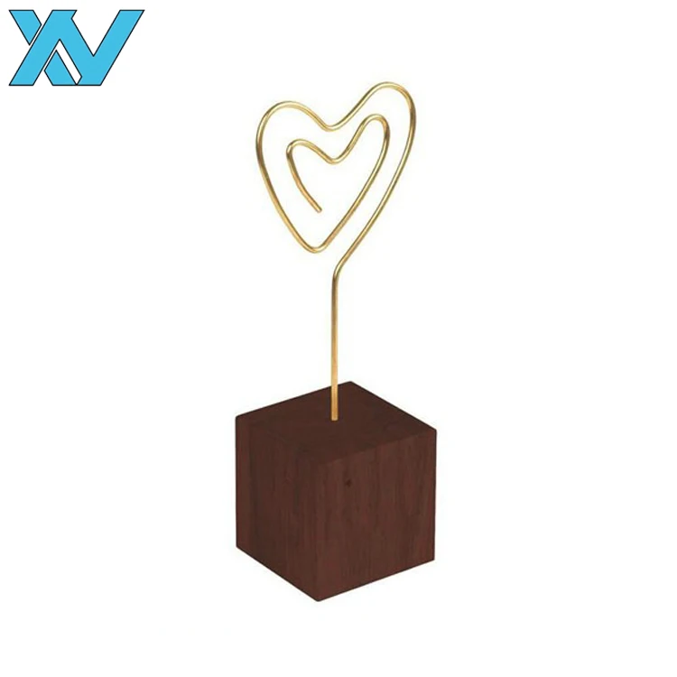 Металлические зажимы для записей в форме сердца с золотой проволокой и деревянной основой держатель для фотографий