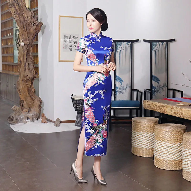 chinese dress blue Blue & White Porcelain Pattern Brocade Cheongsam Qipao Chinese Dress Blue / XXL main image 0