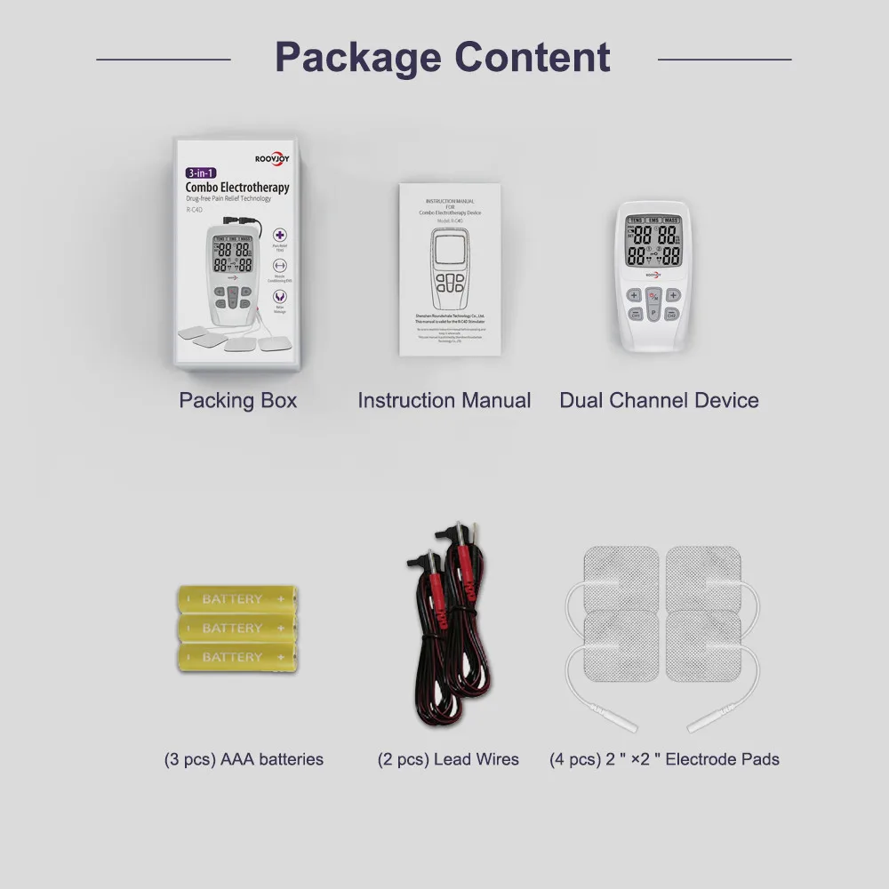 ROOVJOY TENS 2 Channel 3 in 1 Tens Unit EMS Muscle Stimulator for Back Pain Relief Massager and Muscle Stimulation