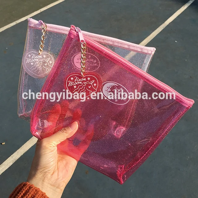Clear PVC Pencil Bag with Zipper Closure Fashionable Paillette Pattern for Make-Up & Cosmetics