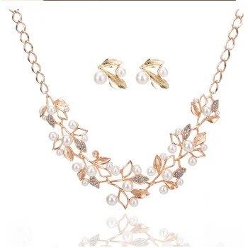 Elegant Simulated Pearl Bridal Jewelry Sets Leaf Crystal Gold Color Necklaces Earrings Sets