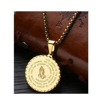 2022 hot Gold Stainless Steel Bible Verse Prayer Praying Hands Coin Medal Pendant Necklace For Christian Jewelry