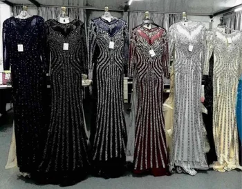 2018 Top Sale Black/Silver/Gold/Burgundy/Navy/Blue Long Sleeve Beaded Trumpet Evening Dresses Cheap Fashion Women's Dinner Dress