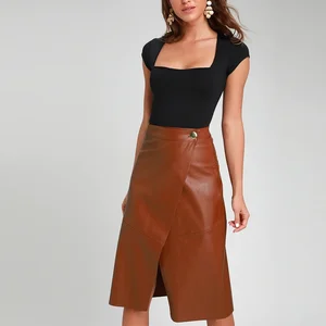 Custom  New Style  Vegan Leather  a Line High Waist  Wrap Midi Skirt  Women Office Ladies