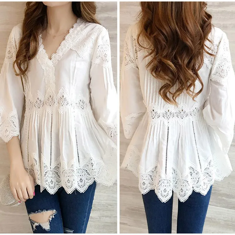 Shop Our White Lace Tunic Ruffles Women's Shirts Blouse