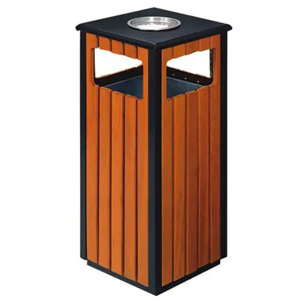 outdoor park wooden square rubbish bin with ash bin