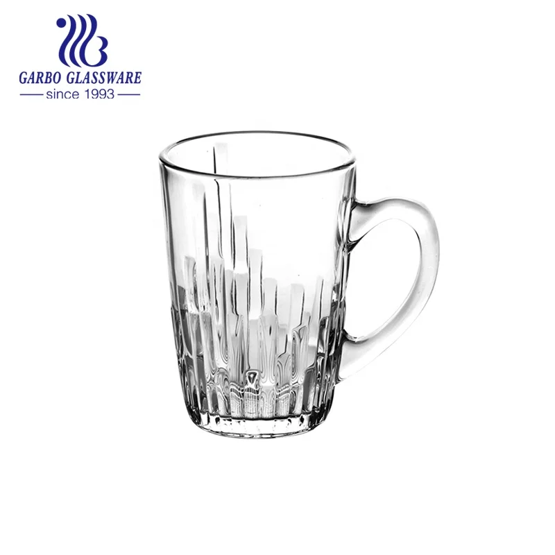 220ml Clear New Design glassware Machine Pressed 8oz Engraved Round Shape Mixing Mould Handle Glass Tea Mug