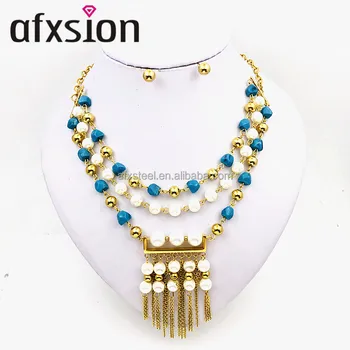 2018 Hot sell fashion white pearl and natural stone stainless steel plating 18K handmade beaded jewelry set wholesale fo women