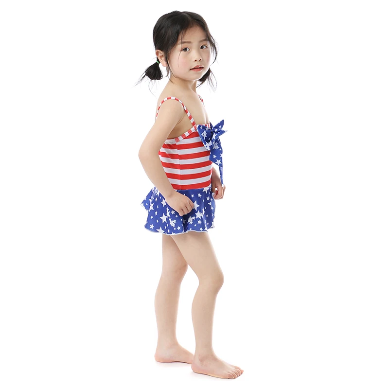 День независимости США новый стиль в красную и белую полоску, большие и маленькие звезды инкрустированный на голубом материале с бахромой детские купальники