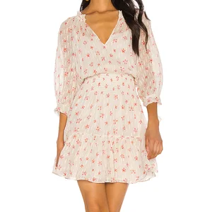 New Design Floral Printed Casual Silk Dress With Smocked Waist Tie Sleeves Mini Dress