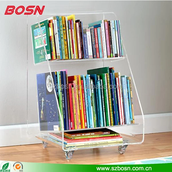 Clear Portable Lucite Acrylic Book Cart Display Rack with Rolling Wheel