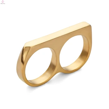 Personality Simple Punk Hiphop Ring Jewelry Stainless Steel Gold Plating Double Two Finger Ring For Men