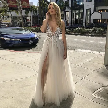 FA137 2022 V Neck Beach Wedding Dresses Beaded High Split Backless A Line Tulle Sexy boho Bridal Gowns Vintage Wedding Gown