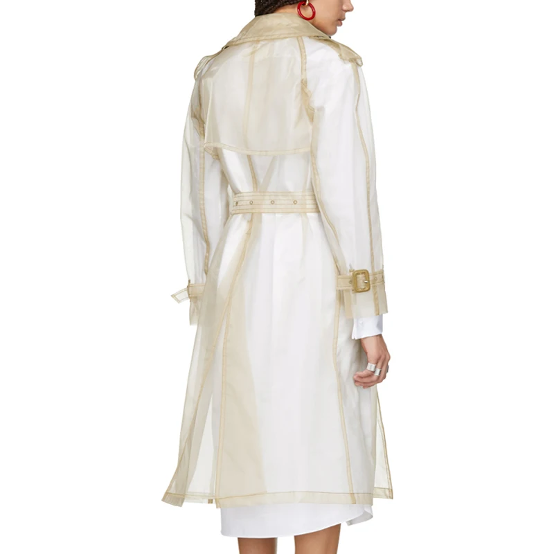 ジャケット・アウター sheer dress trench coat - beige Fashion Women See Through Outdoor Tops Lace Up Spring Solid