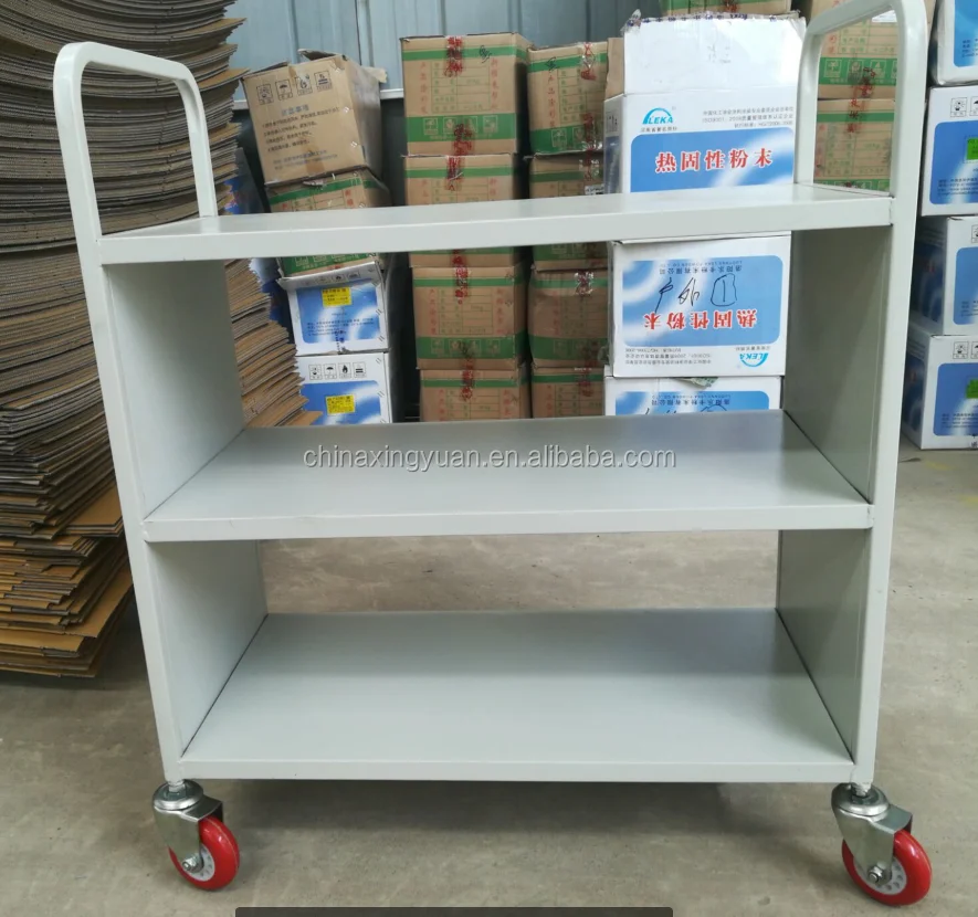 Xingyuan Factory Price Metal Library Bookshop Book Trolley 3 Layer Steel Library Mobile Book Cart