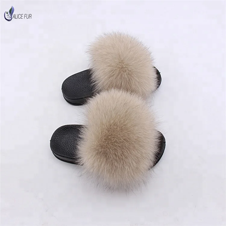 Детские шлепанцы ALICEFUR, детские сандалии из натурального Лисьего меха, толстые пушистые Шлепанцы из лисьего меха