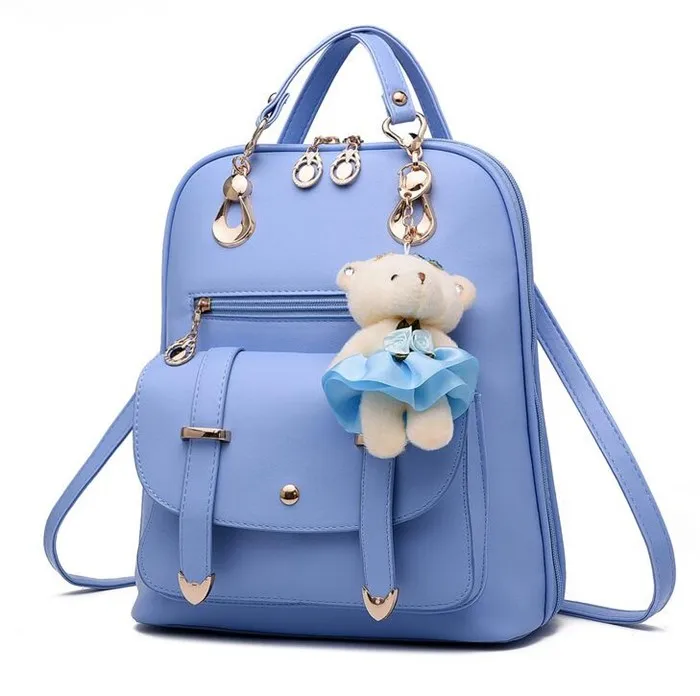 QingY Korean Style Women PU Leather Backpack Shoulder Bag for Teenage Girls Multi-function Small Bagpack,Light Blue, Women's