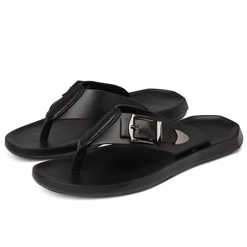 Men Fashion Flip Flops Slippers New Design Summer Beach Black EVA PU Slipper Shoes Men Genuine Leather Summer Sandals FG AY-T002