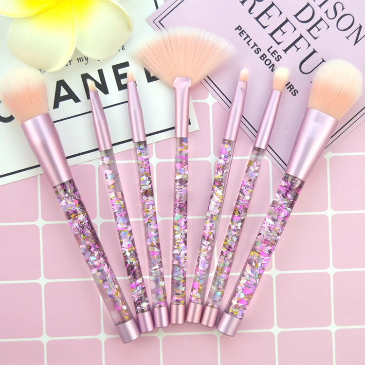 2024 New Style Girl Factory Direct Professional Crystal Beauty 7pcs Pink Glitter Synthetic Quicksand Makeup Cosmetics Brush Set