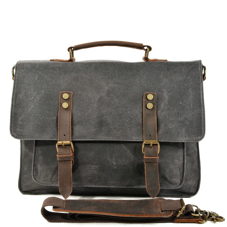 Waxed Canvas Genuine Leather Unisex Single Shoulder Messenger document Bag