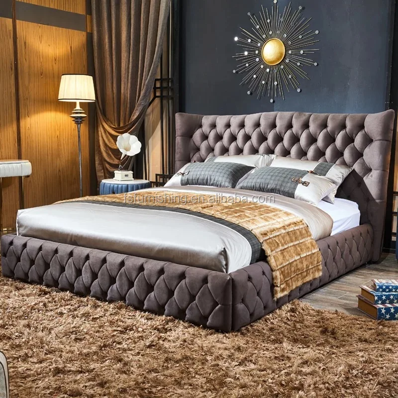 FO228 Italian Bed Moder Upholstery Grey Velvet Bed Soft Victorian Bedroom Furniture Set/ Fabric Modern Bedroom Furniture