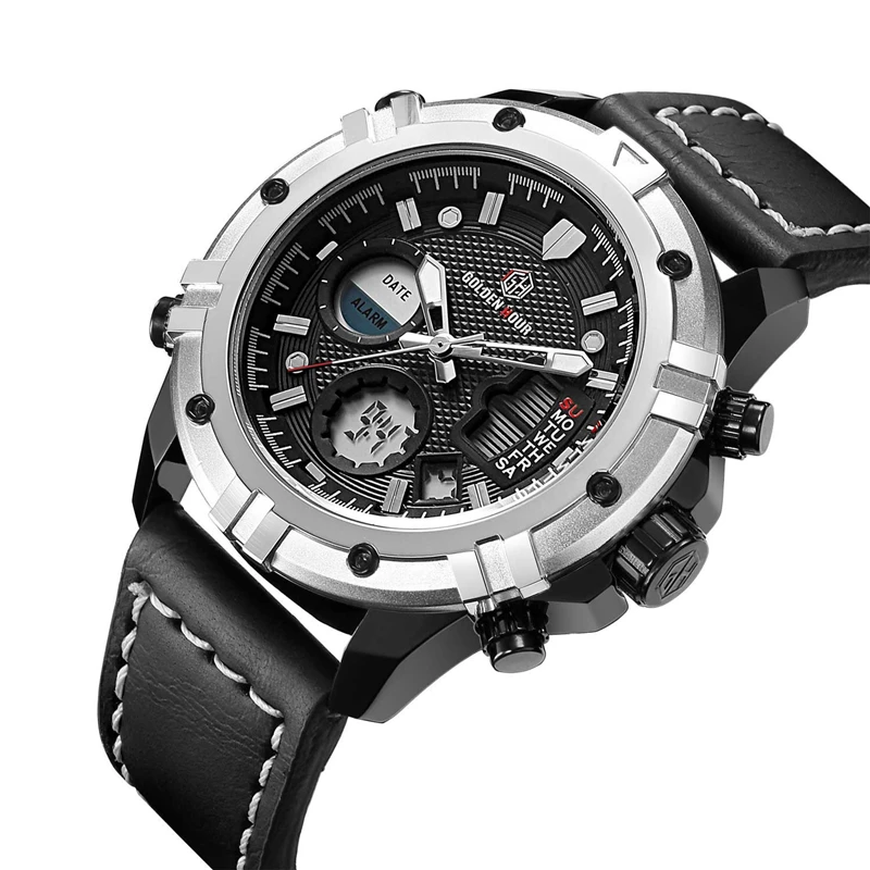 GOLDEN HOURSQuartz Dual Time Watch Men Date Week Alarm Multifunction Fashion Sports Leather Strap Wrist Watches