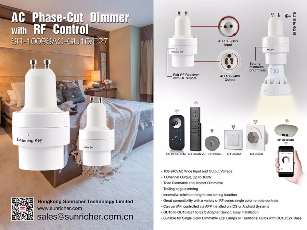 RF/WiFi Control AC Phase-Cut Dimmer with Push Dim SR-1009SAC-HP