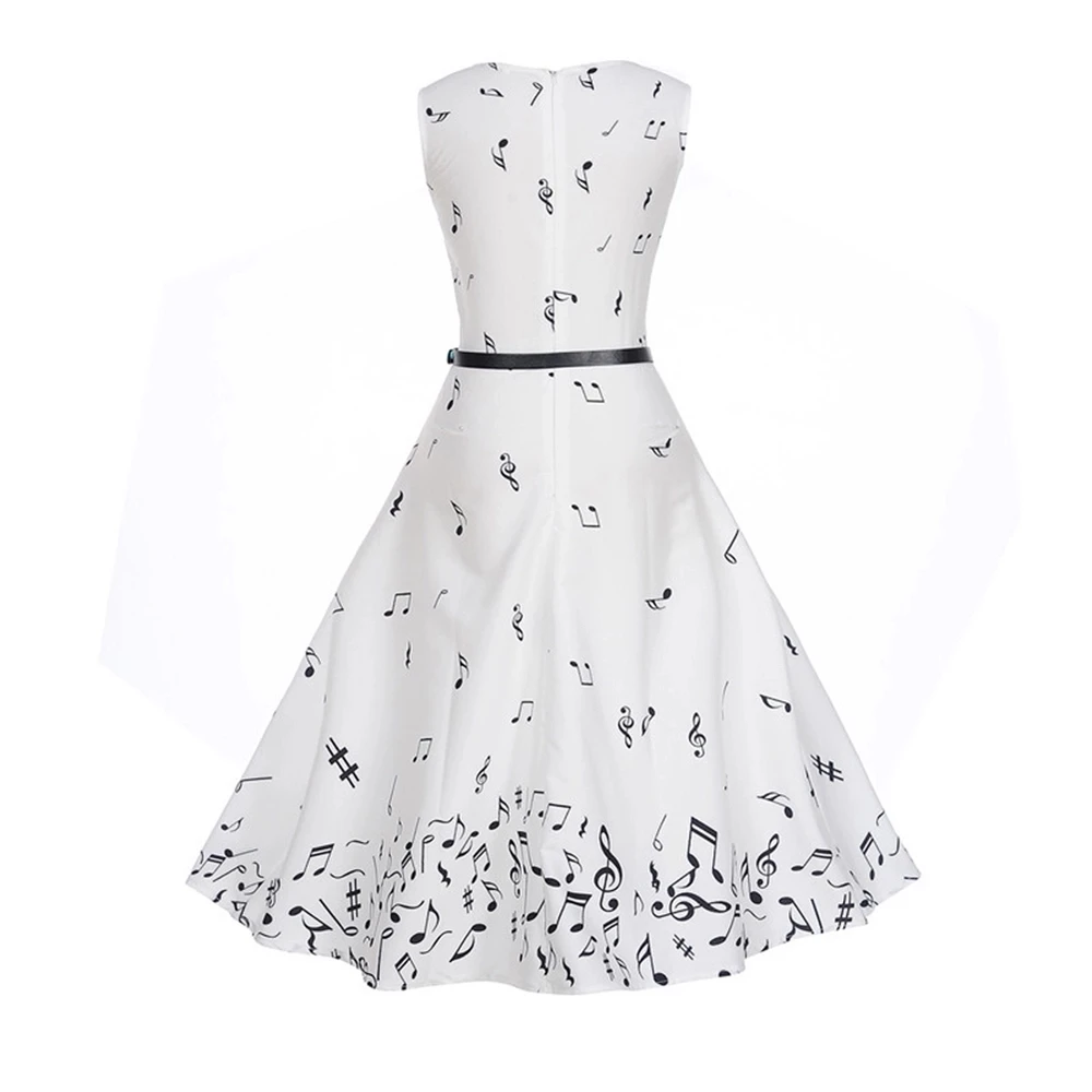 Fancy White Cocktail Party Musical Note Print White Sleeveless Formal Party Vintage Dress